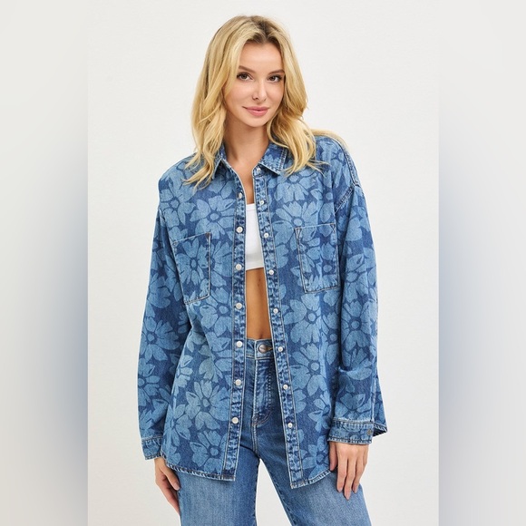 Risen Jeans Tops - Floral Print Denim Button Down Shirt - Risen